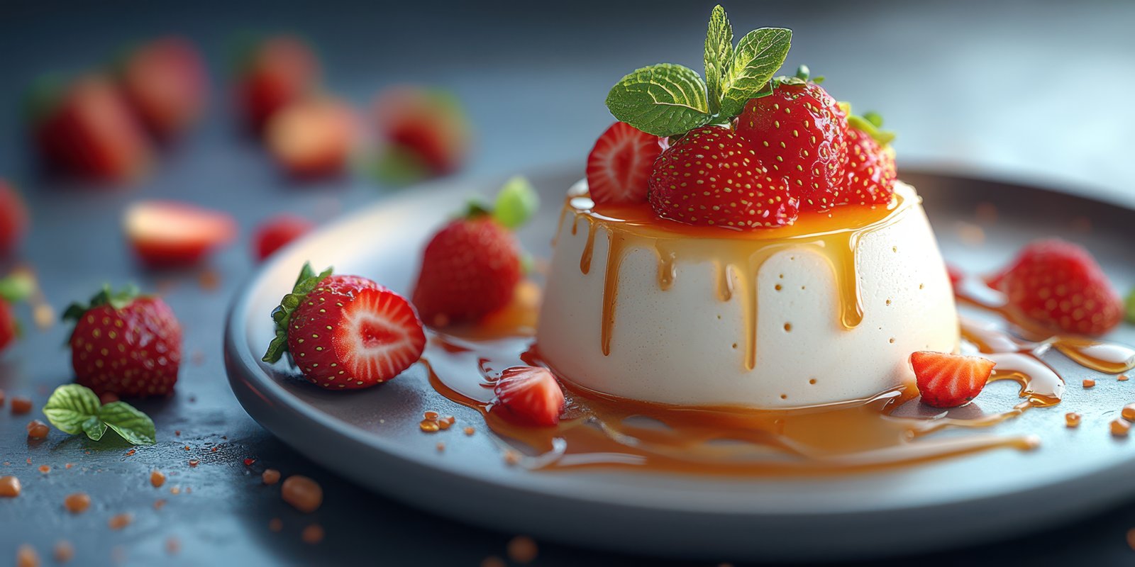 Delicious panna cotta topped with fresh strawberries and caramel sauce garnished with mint leaves